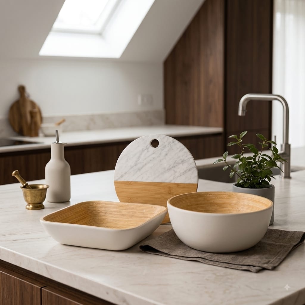 Set de cocina premium Velmora de bamb&uacute; y m&aacute;rmol